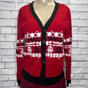 Star Wars Womens Red Ugly Christmas Button Front Cardigan Sweater Size Medium